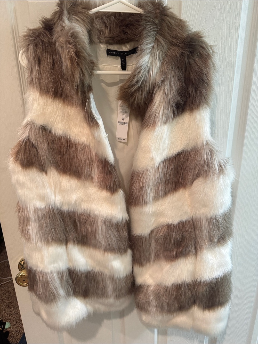 White House Black Market Striped Faux Fur Vest in Taupe and Cream